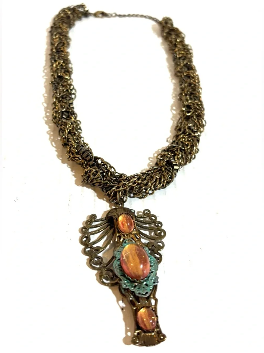 Vintage Bronze-Tone Multi-Chain Necklace with Pink and Turquoise Accents